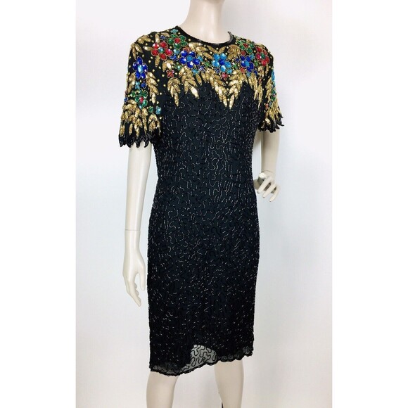 Vintage 80s 100% Silk Beaded Sequined Bright Colored Cocktail Party Dress Carina - Picture 5 of 10